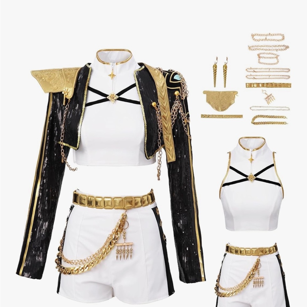 K pop costume - Black and Gold Sequin Jacket with White Crop Top and Shorts